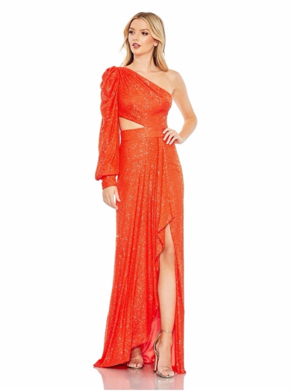 Mac Duggal One-Shoulder Orange Sequin Maxi Gown
